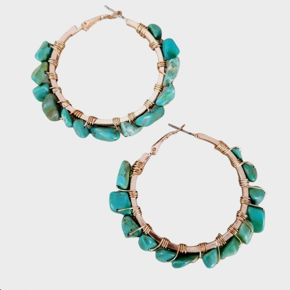 Hand Crafted Boho Turquoise Nugget Wire Wrapped Hoop Earrings - Picture 5 of 14